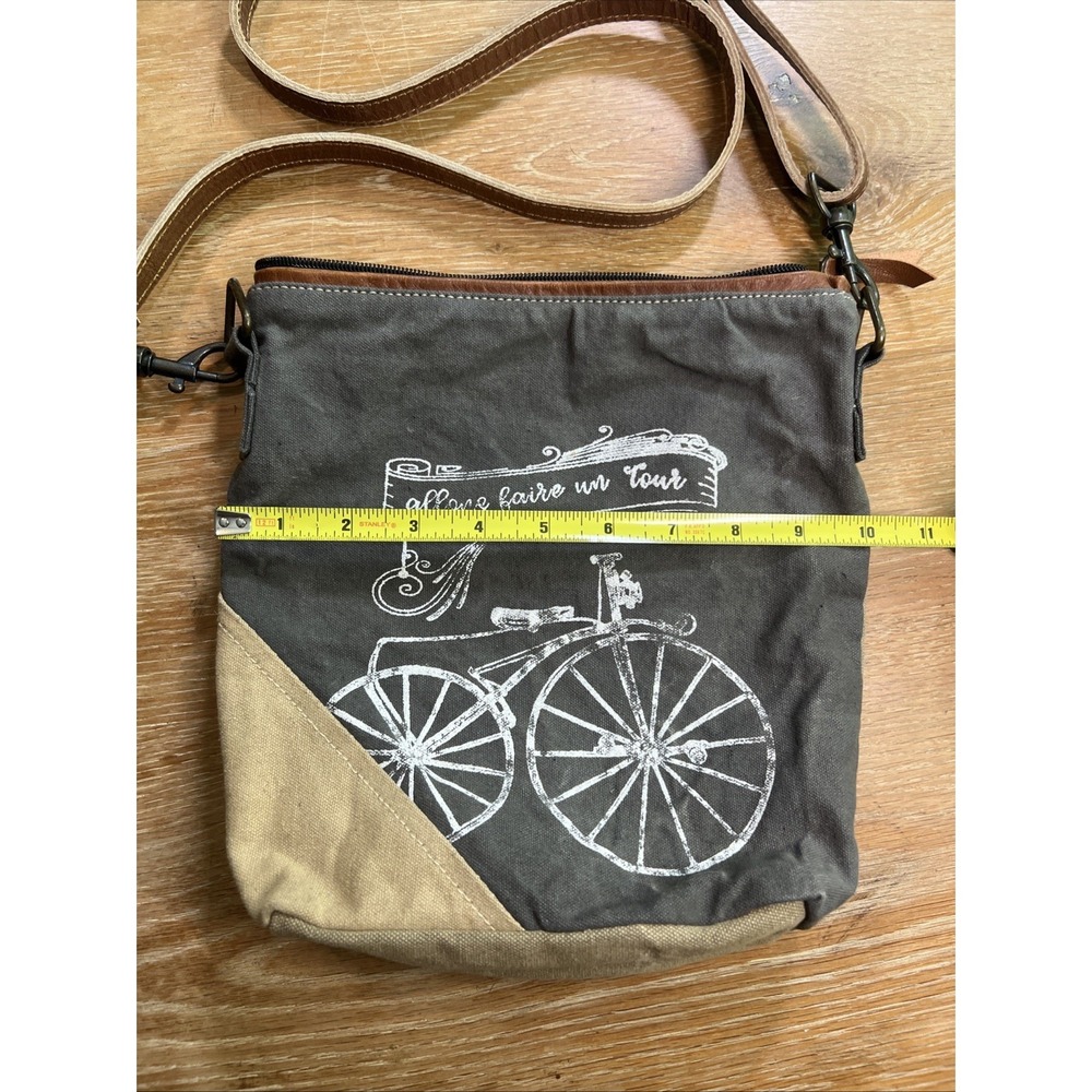 Upcycled Canvas Crossbody Bag Leather Strap Bike Bicycle Army - Picture 2 of 10